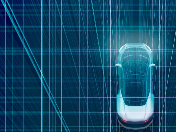 Car driving with headlights on over digital vector grid