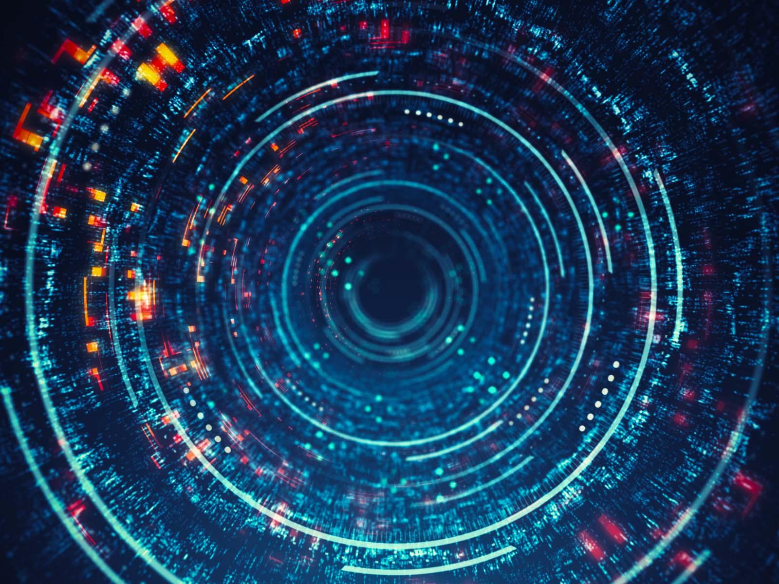 Digital generated image of abstract circular data tunnel visualising speed and technology.